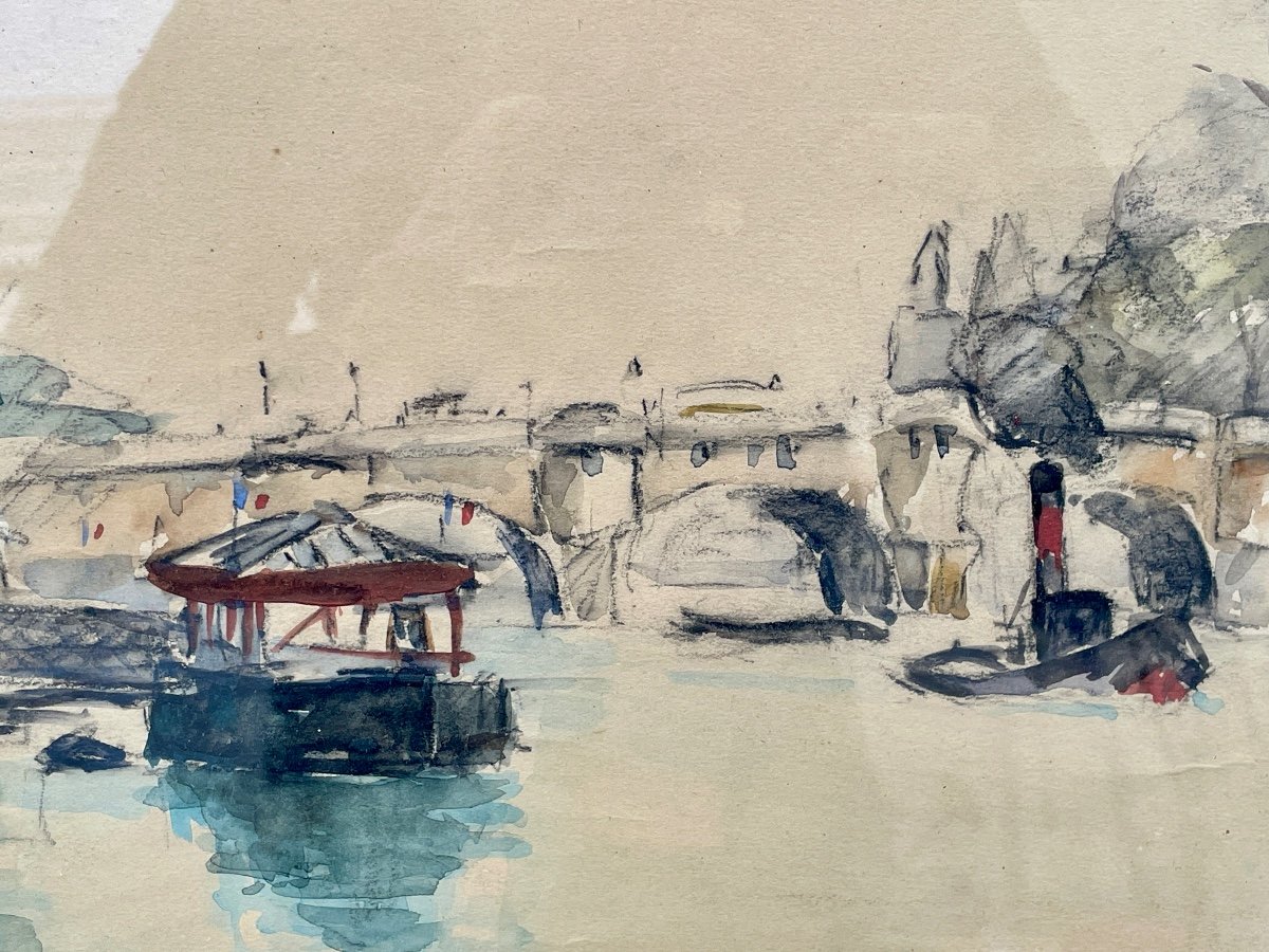 Roger Bertin (1915-2003), Le Pont Neuf, 1956 - Watercolor And Charcoal - Width: 56 Cm. -photo-3