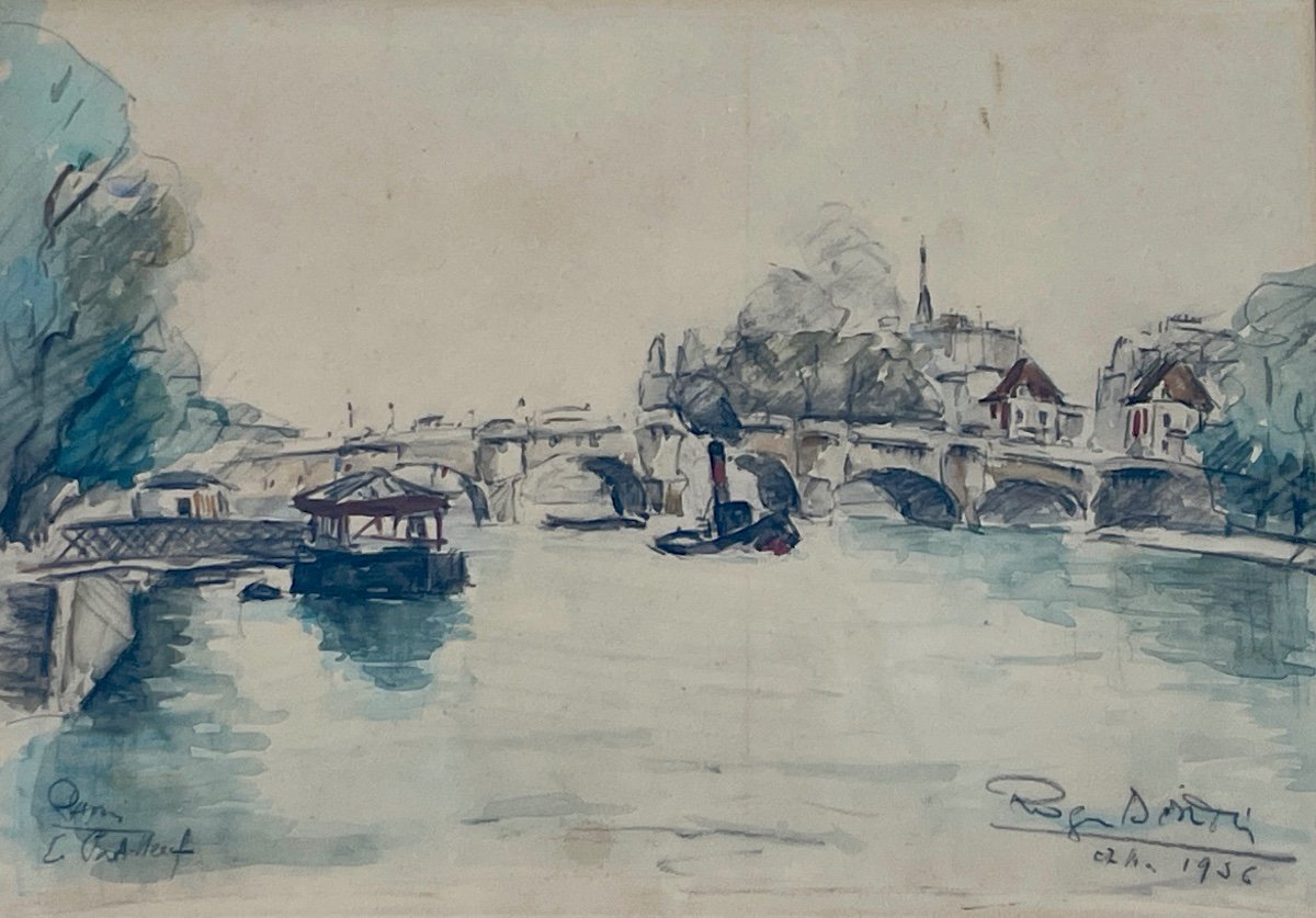 Roger Bertin (1915-2003), Le Pont Neuf, 1956 - Watercolor And Charcoal - Width: 56 Cm. 