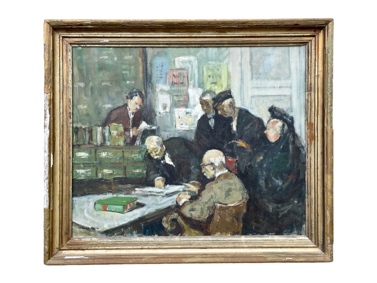 Claude Marin (1914-2001), At The Notary, Oil On Canvas - Width: 61 Cm. -photo-3