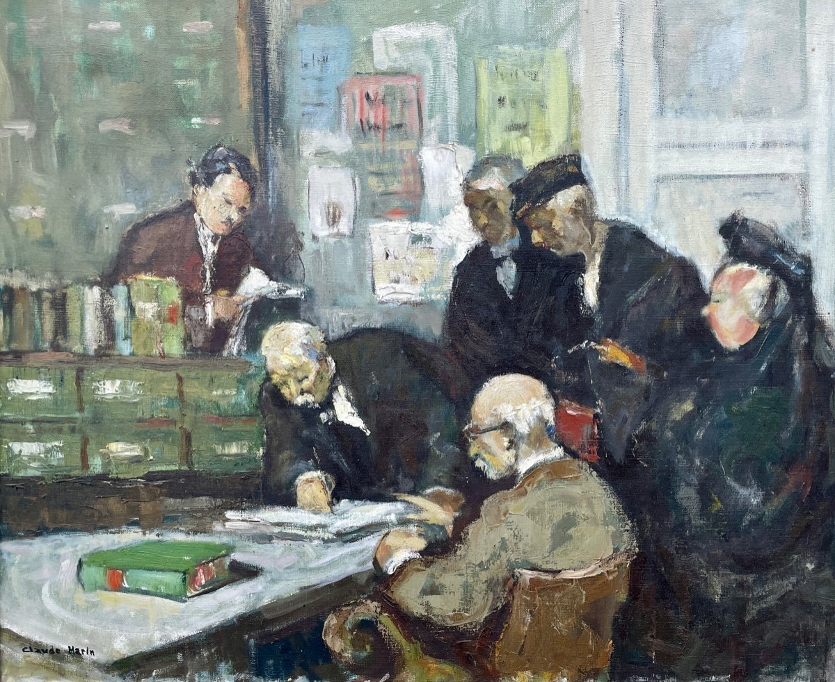 Claude Marin (1914-2001), At The Notary, Oil On Canvas - Width: 61 Cm. 