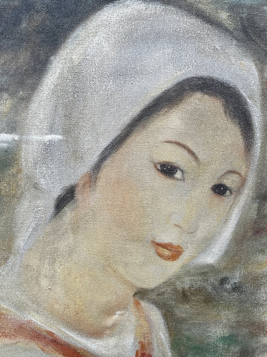 Hanoi School, Vietnam, Indochina, Woman With Child, Oil On Canvas - Height 73 Cm. -photo-2