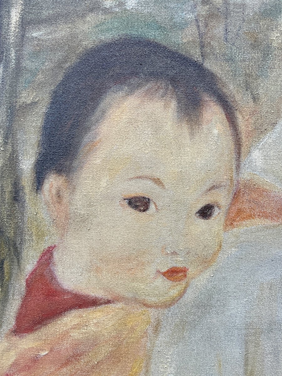 Hanoi School, Vietnam, Indochina, Woman With Child, Oil On Canvas - Height 73 Cm. -photo-3