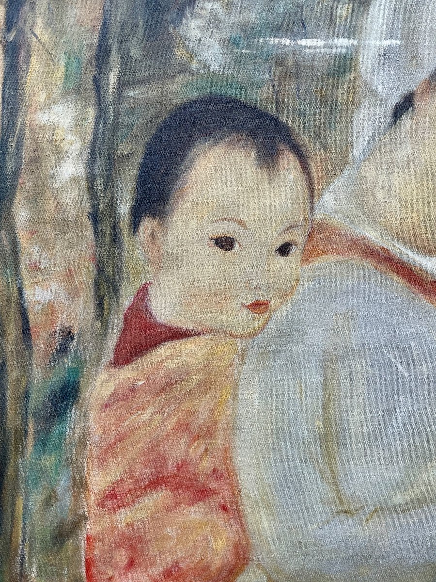 Hanoi School, Vietnam, Indochina, Woman With Child, Oil On Canvas - Height 73 Cm. -photo-4