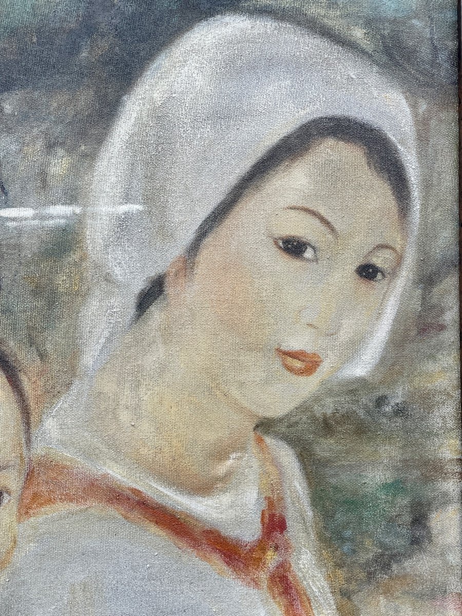 Hanoi School, Vietnam, Indochina, Woman With Child, Oil On Canvas - Height 73 Cm. -photo-1