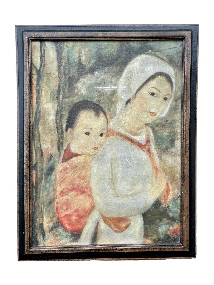 Hanoi School, Vietnam, Indochina, Woman With Child, Oil On Canvas - Height 73 Cm. -photo-2