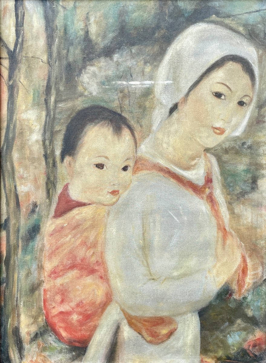 Hanoi School, Vietnam, Indochina, Woman With Child, Oil On Canvas - Height 73 Cm. 