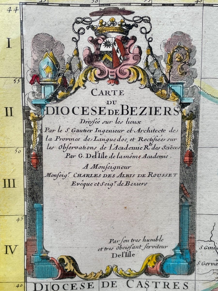 18th Century Map Of The Diocese Of Béziers According To Guillaume De l'Isle - Width: 77 Cm. -photo-2