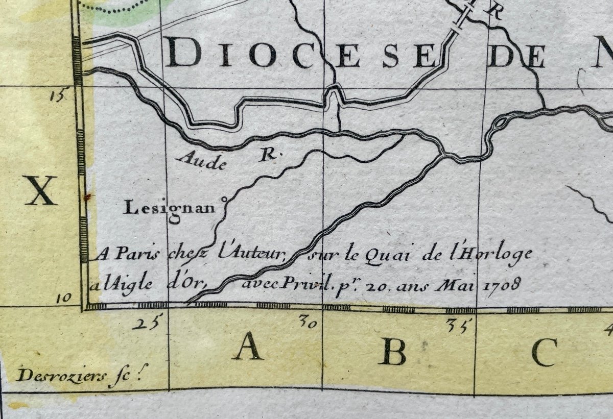 18th Century Map Of The Diocese Of Béziers According To Guillaume De l'Isle - Width: 77 Cm. -photo-3