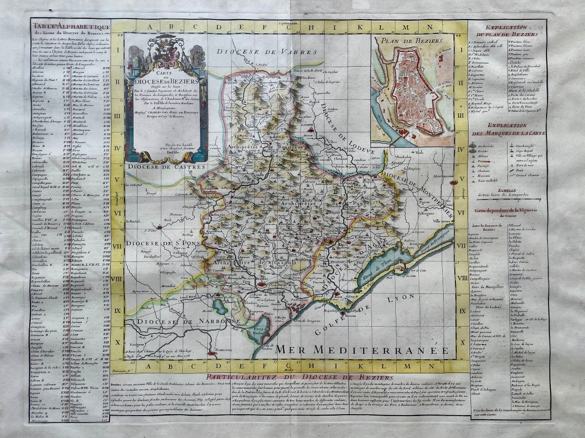 18th Century Map Of The Diocese Of Béziers According To Guillaume De l'Isle - Width: 77 Cm. 