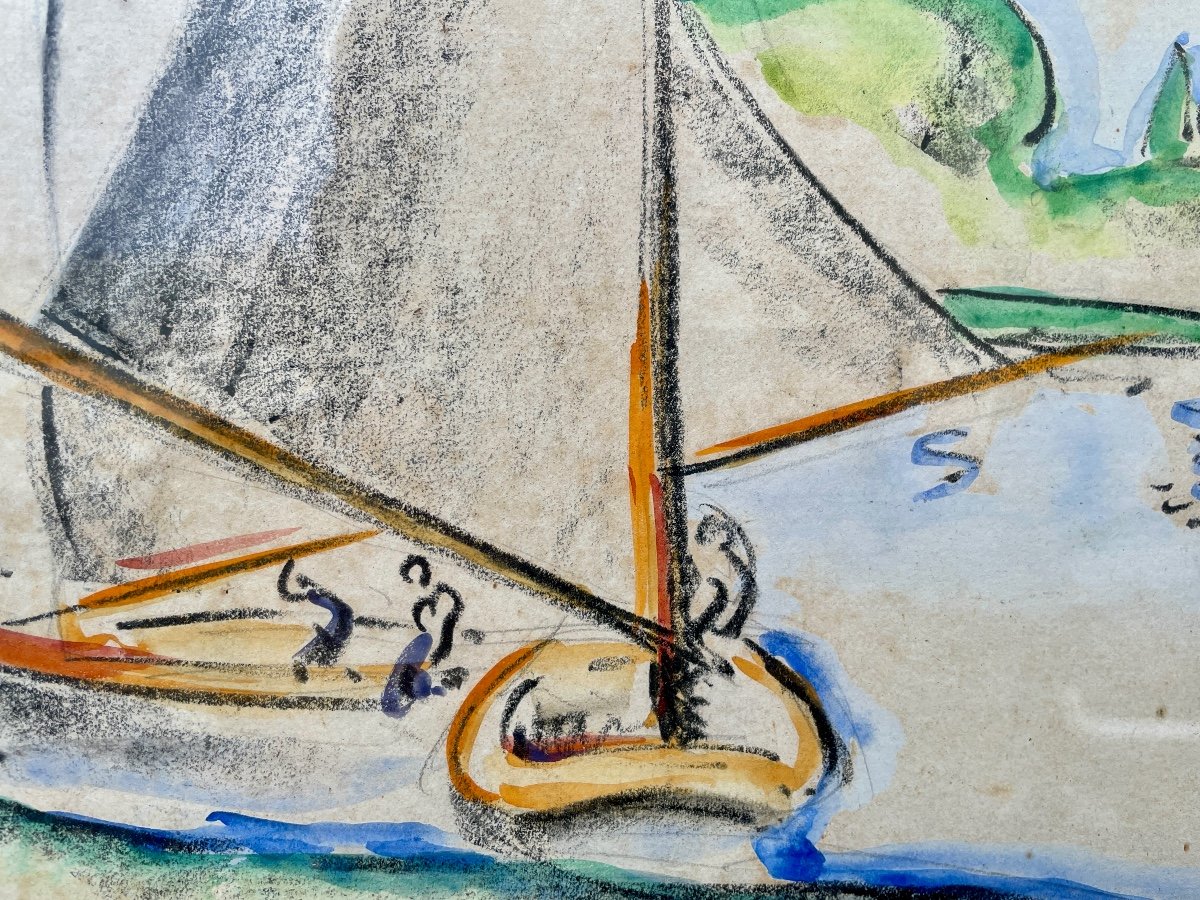 André Delauzières (1904-1941), Les Voiliers, 1928, Aquarelle Et Fusain - Larg. : 40 Cm.-photo-3