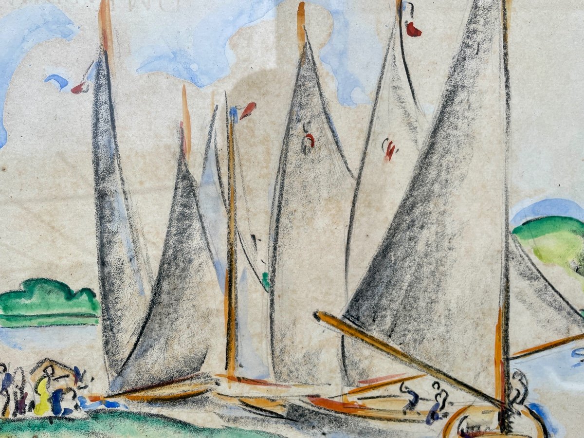 André Delauzières (1904-1941), Les Voiliers, 1928, Aquarelle Et Fusain - Larg. : 40 Cm.-photo-1