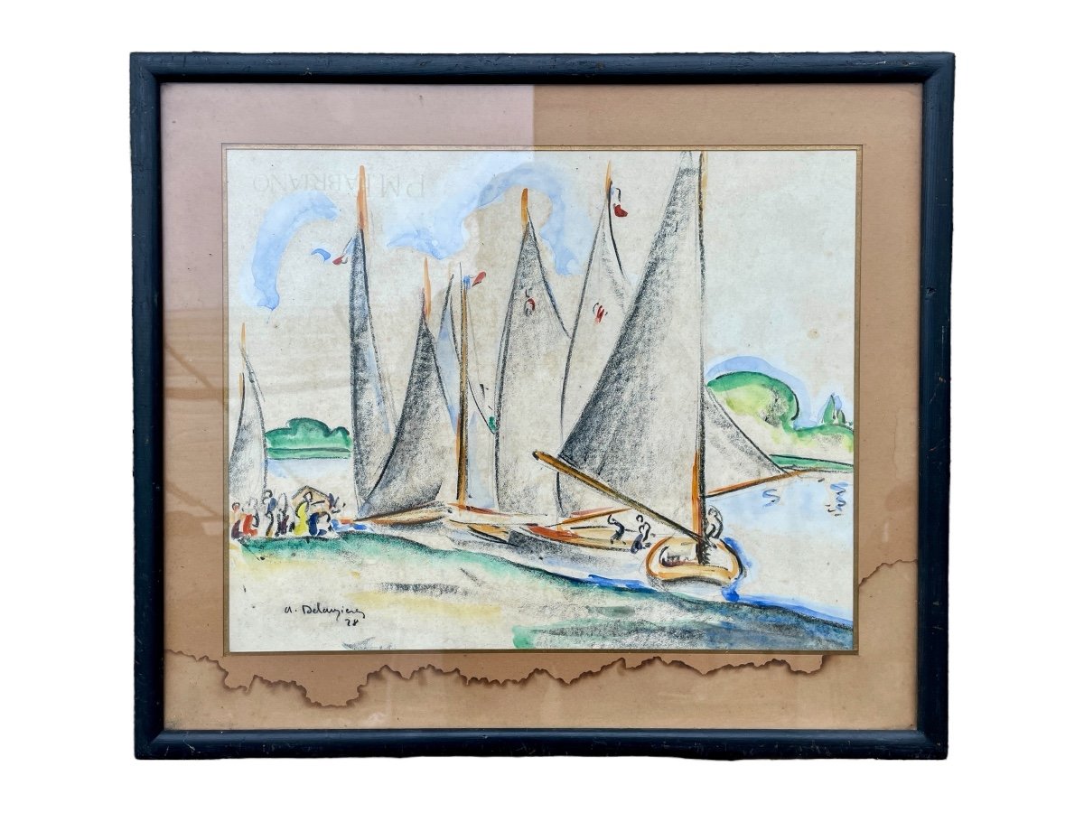 André Delauzières (1904-1941), Les Voiliers, 1928, Aquarelle Et Fusain - Larg. : 40 Cm.-photo-2