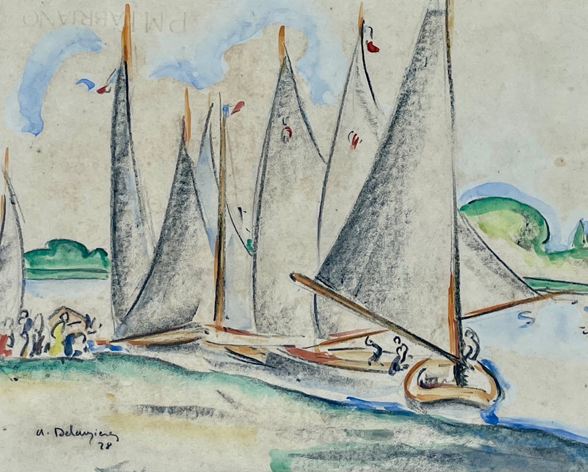 André Delauzières (1904-1941), Les Voiliers, 1928, Aquarelle Et Fusain - Larg. : 40 Cm.