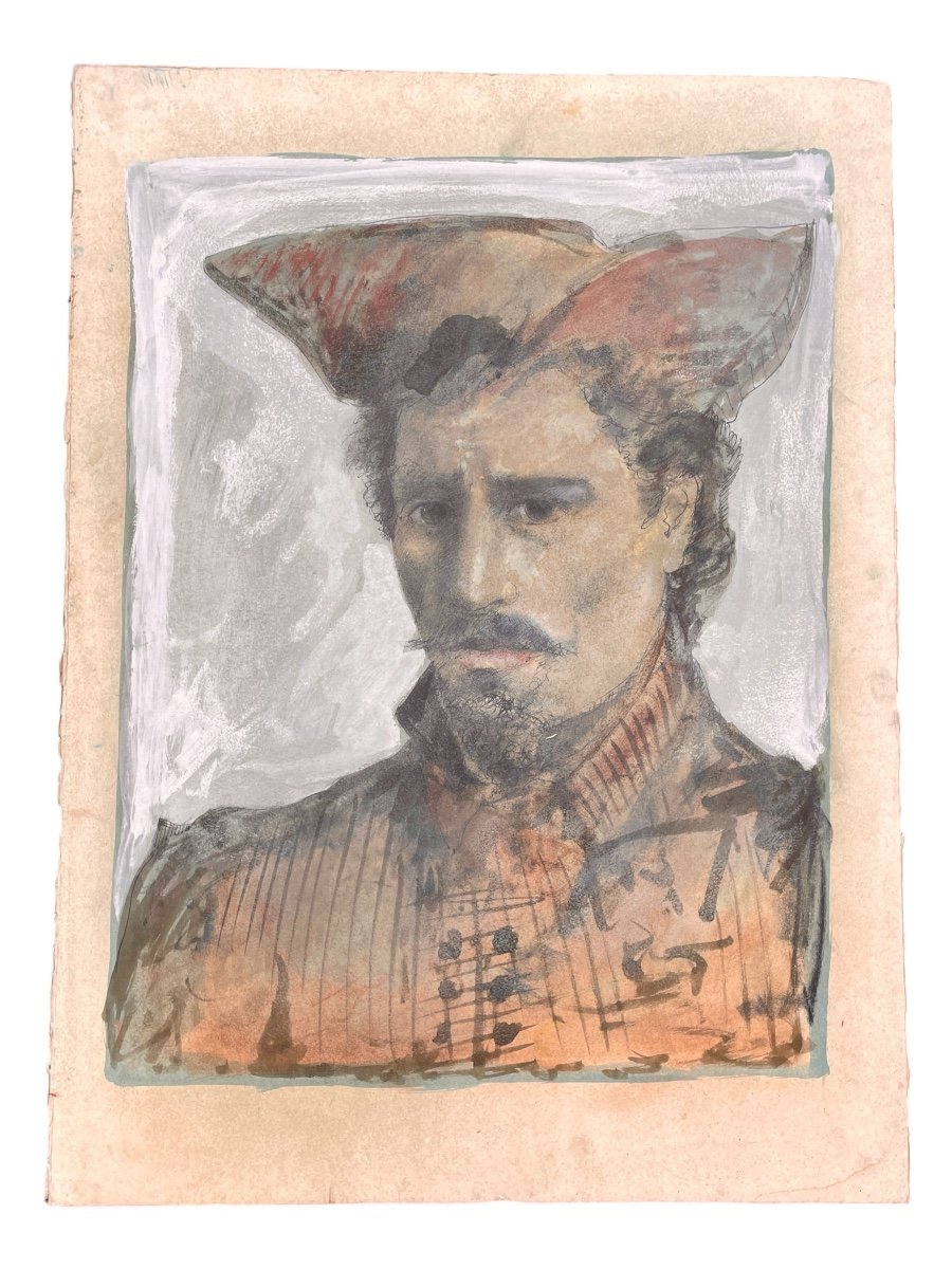 Gaspare Da Brescia (1955), Portrait Of A Man, Mixed Media On Paper. -photo-1