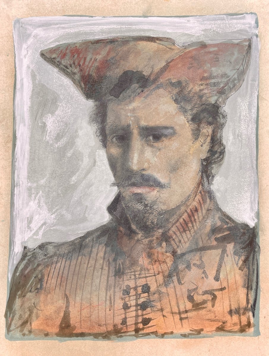 Gaspare Da Brescia (1955), Portrait Of A Man, Mixed Media On Paper. 