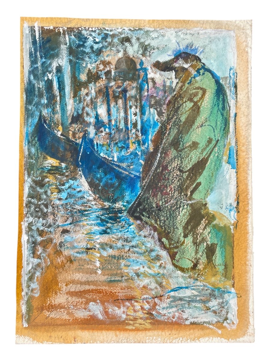 Gaspare Da Brescia (1955), Le Gondolier, Technique Mixte Sur Papier.-photo-2