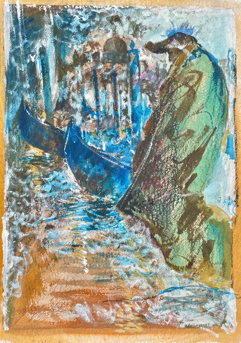 Gaspare Da Brescia (1955), Le Gondolier, Technique Mixte Sur Papier.