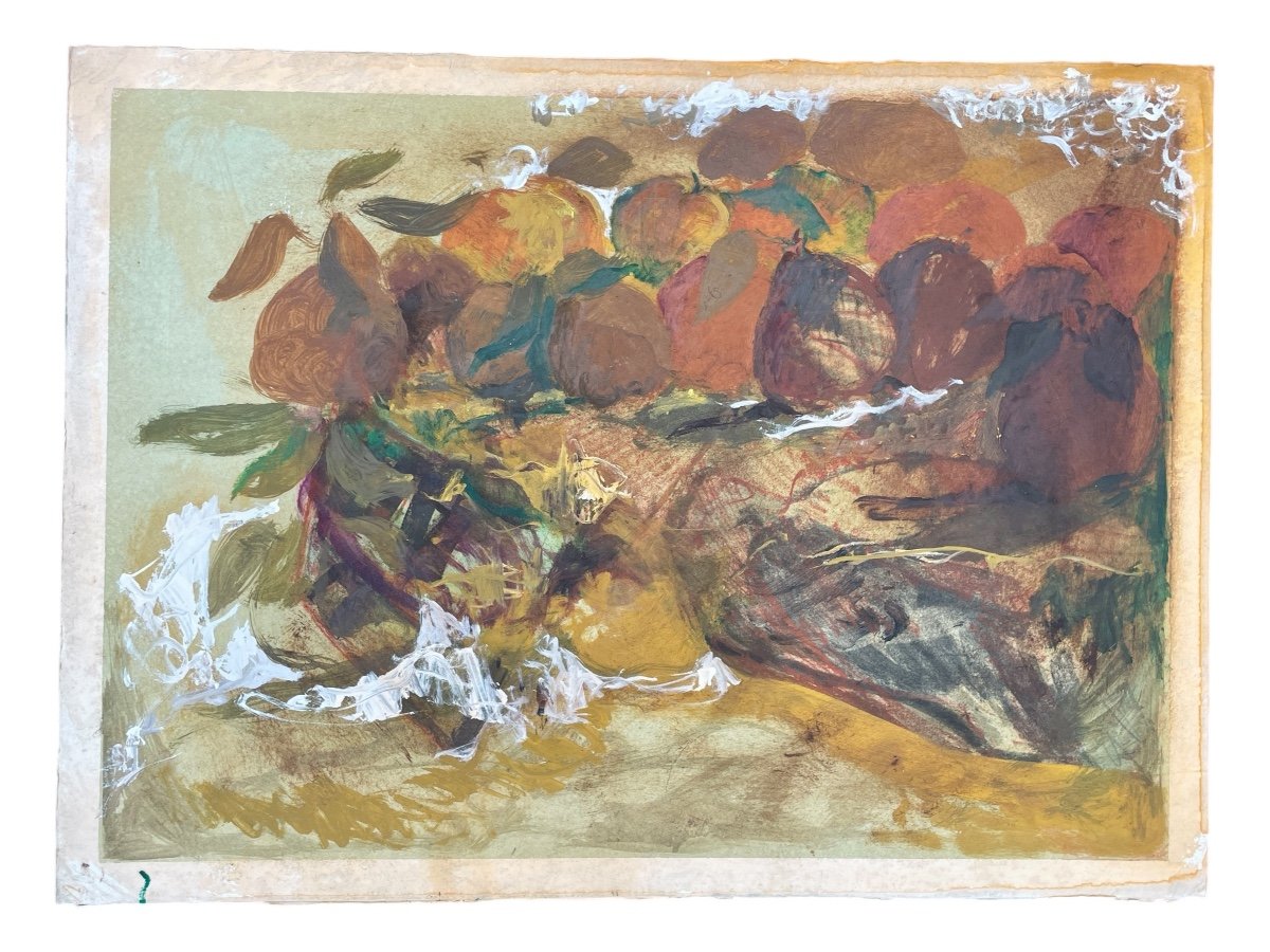 Gaspare Da Brescia (1955), Nature Morte à La Coupe De Fruits, Technique Mixte Sur Papier.-photo-2