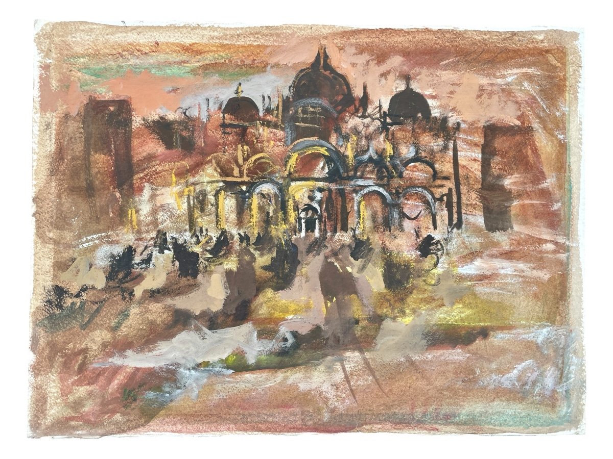 Gaspare Da Brescia (1955), St. Mark's Basilica In Venice, Mixed Media On Paper. -photo-1