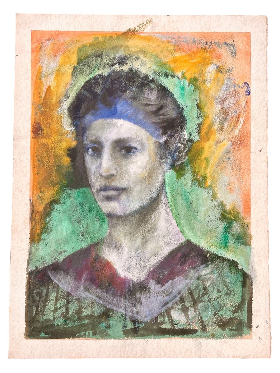 Gaspare Da Brescia (1955), Portrait Of A Young Man With A Headdress, Mixed Media On Paper.-photo-1