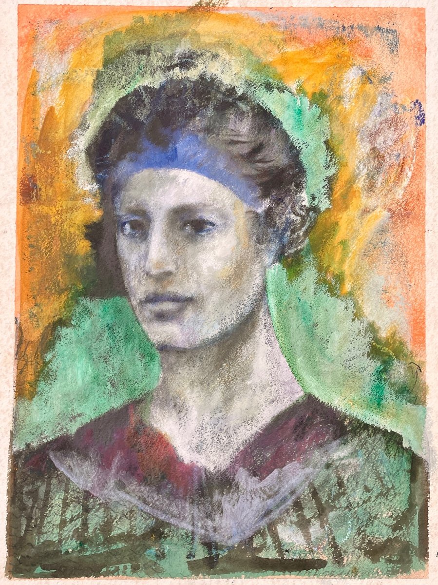 Gaspare Da Brescia (1955), Portrait Of A Young Man With A Headdress, Mixed Media On Paper.