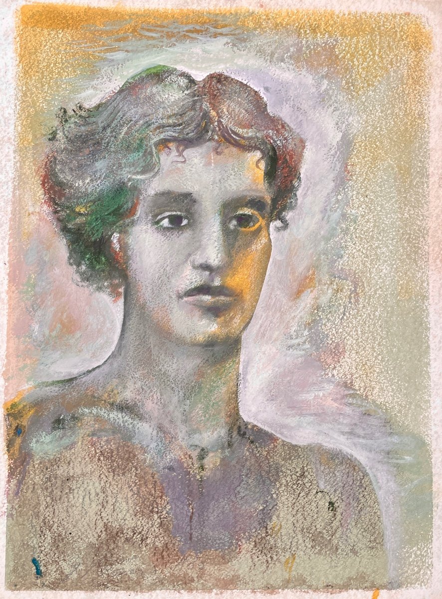 Gaspare Da Brescia (1955), Buste De Jeune Homme En Vert, Technique Mixte Sur Papier.