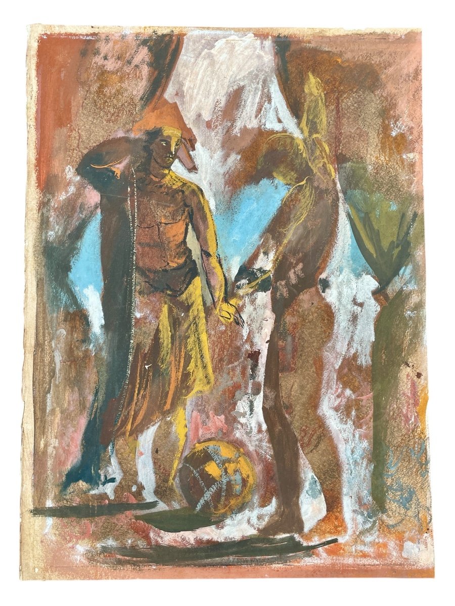 Gaspare Da Brescia (1955), Arlequin Et Un Personnage, Technique Mixte Sur Papier.-photo-1