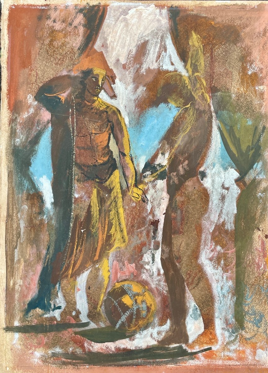 Gaspare Da Brescia (1955), Arlequin Et Un Personnage, Technique Mixte Sur Papier.