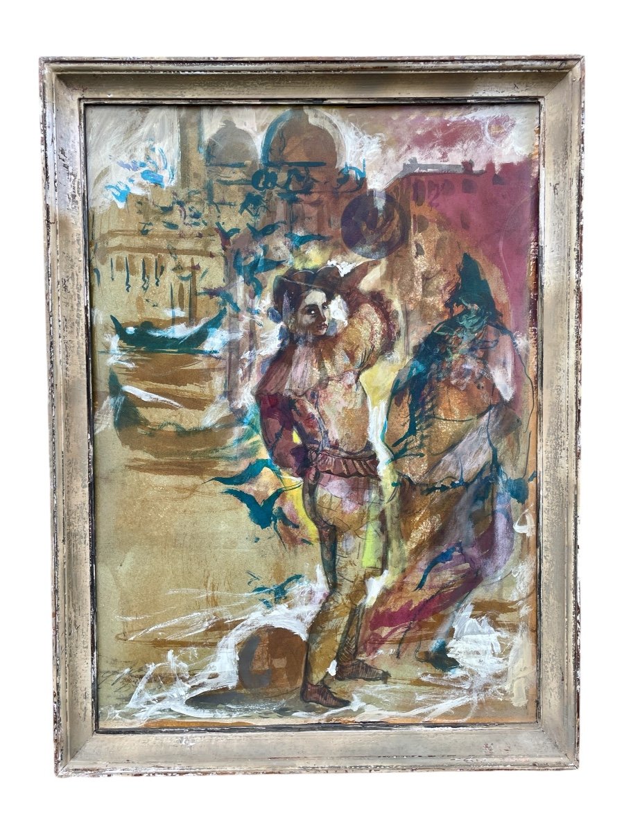 Gaspare Da Brescia (1955), Figure With Globe In Front Of The Lagoon, Mixed Media On Paper.-photo-3