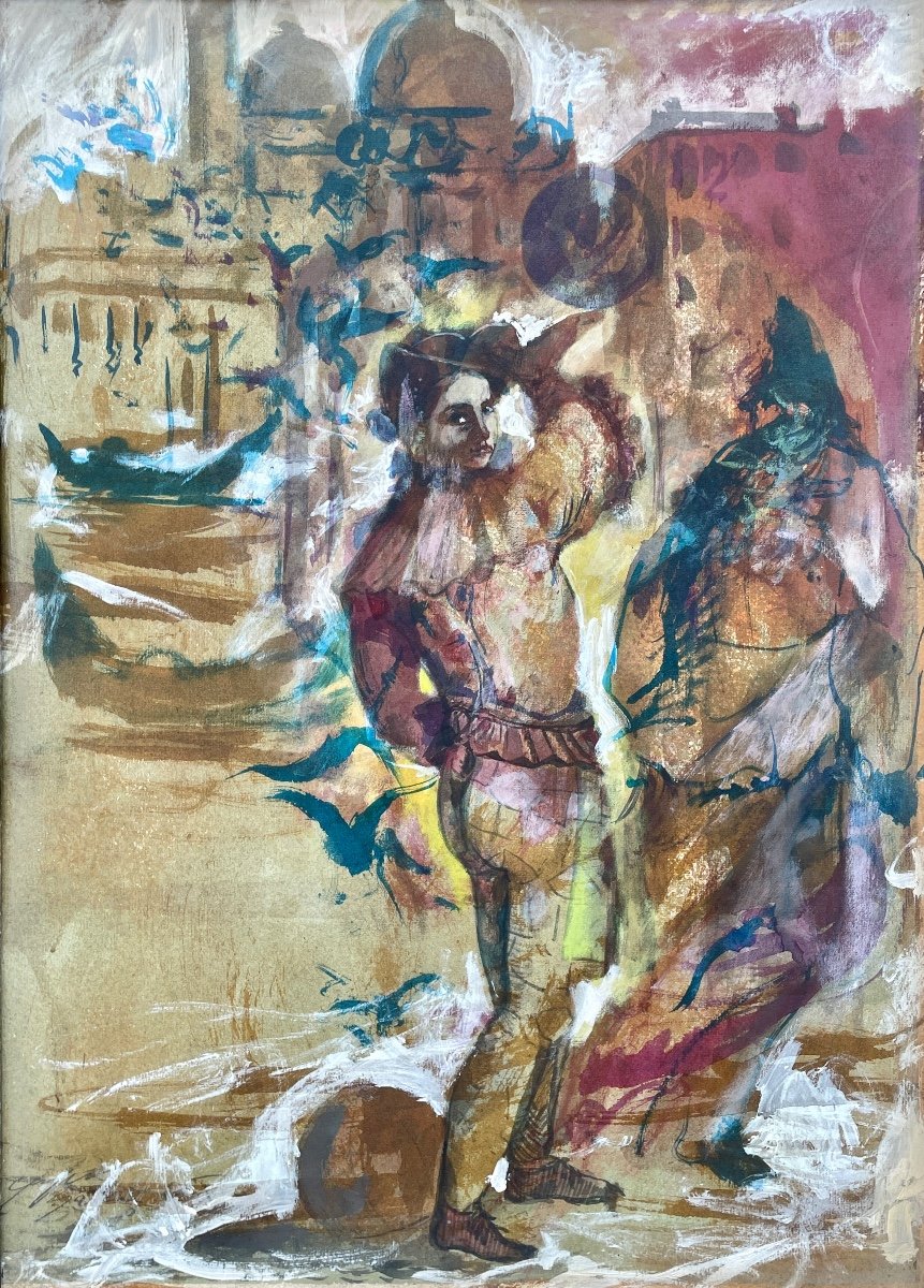 Gaspare Da Brescia (1955), Figure With Globe In Front Of The Lagoon, Mixed Media On Paper.