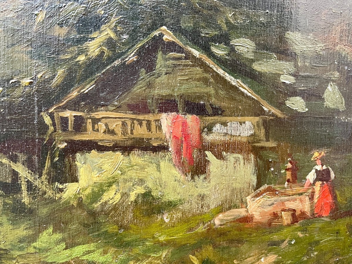 Jean Dubreuil (1825-?), Paysage De Montagne Au Chalet, 1890, Huile Sur Panneau. -photo-2