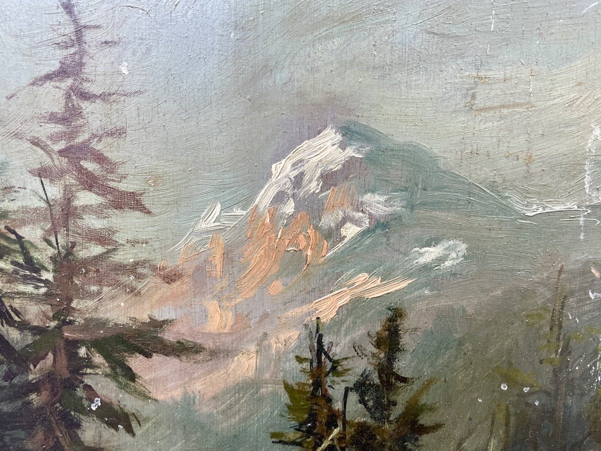 Jean Dubreuil (1825-?), Paysage De Montagne Au Chalet, 1890, Huile Sur Panneau. -photo-3