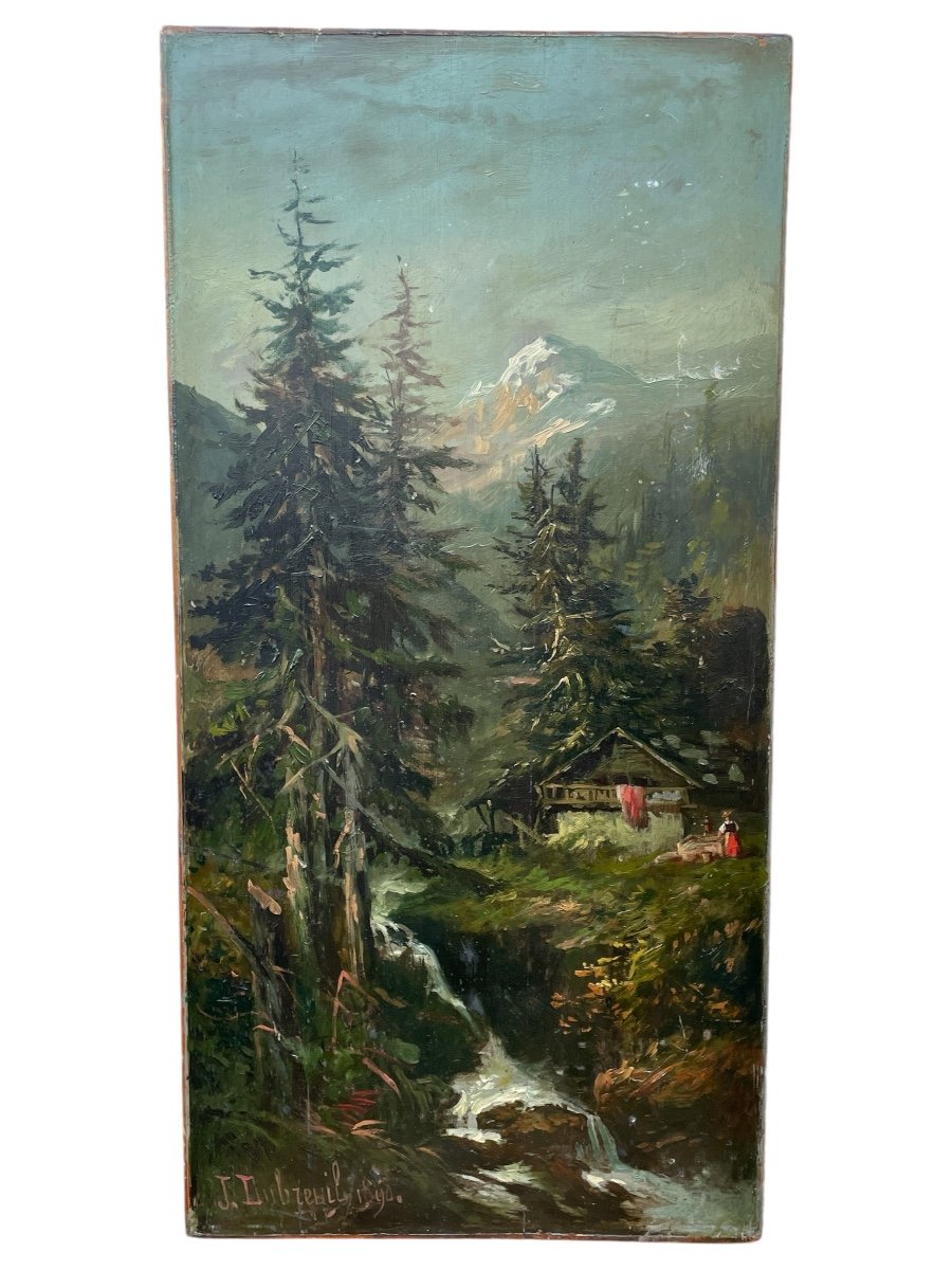 Jean Dubreuil (1825-?), Paysage De Montagne Au Chalet, 1890, Huile Sur Panneau. -photo-3