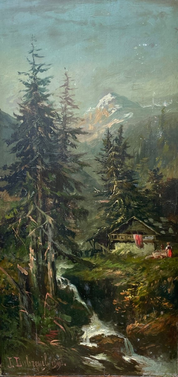 Jean Dubreuil (1825-?), Paysage De Montagne Au Chalet, 1890, Huile Sur Panneau. 