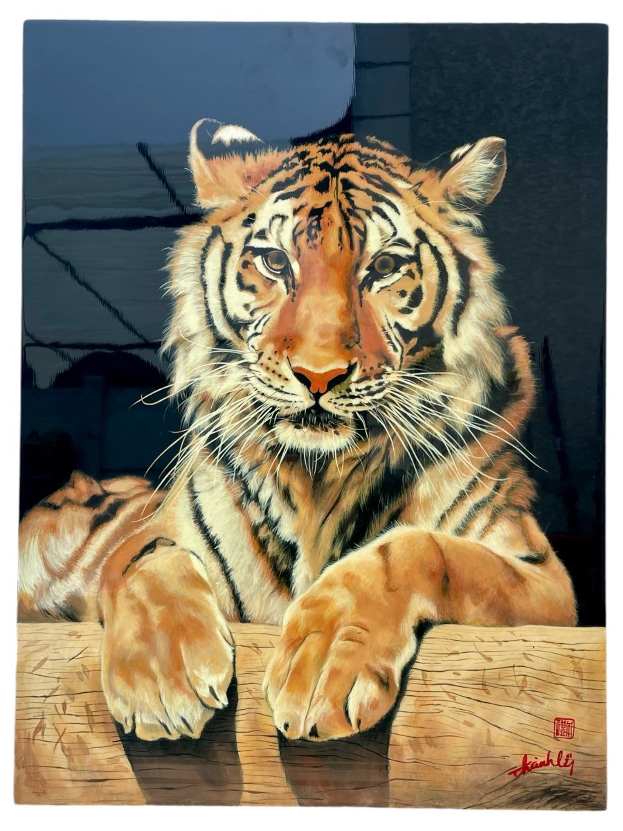 Thanh Ley 款三鱼漆屏, The Tiger, Lacquer On Panel. -photo-4