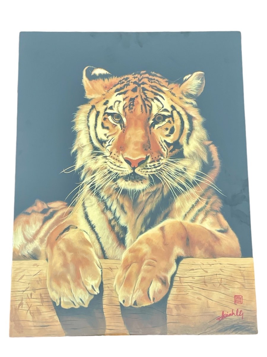 Thanh Ley 款三鱼漆屏, The Tiger, Lacquer On Panel. -photo-5