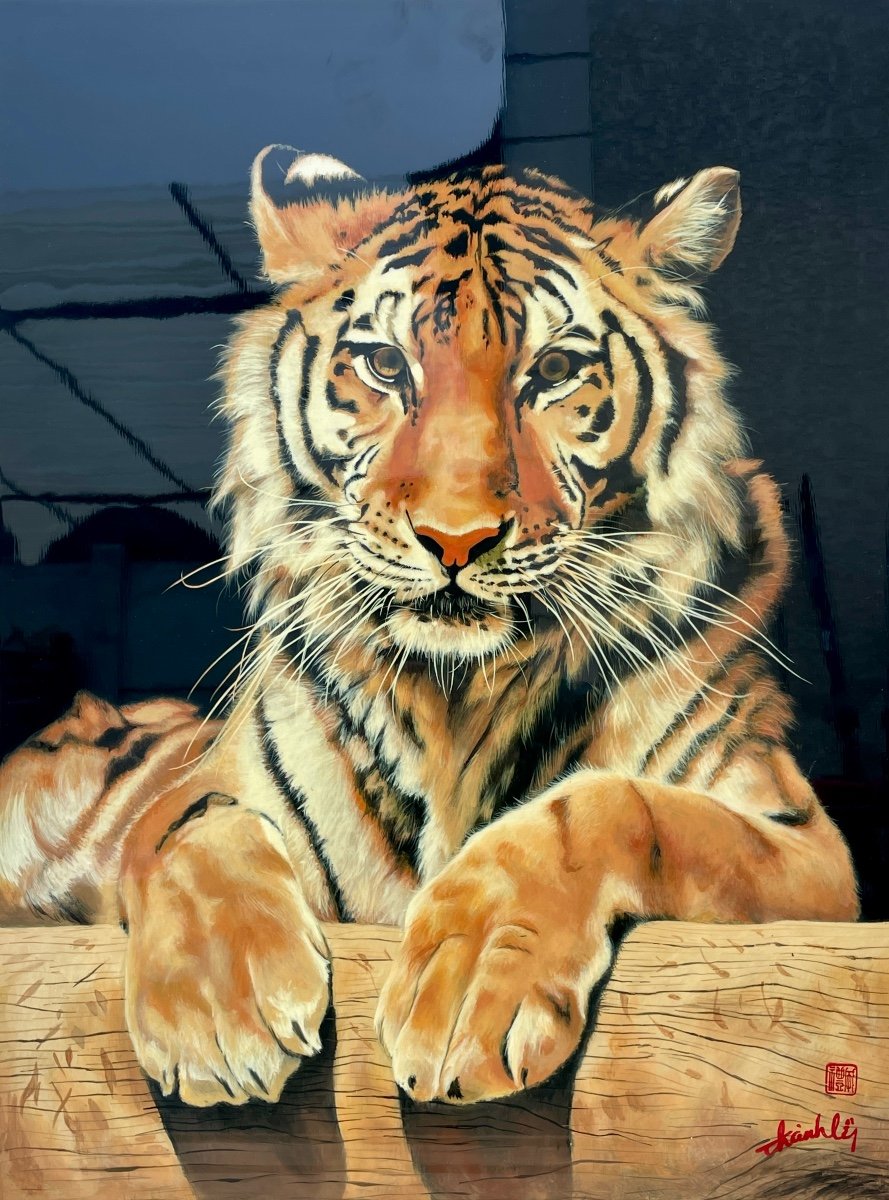 Thanh Ley 款三鱼漆屏, The Tiger, Lacquer On Panel. 