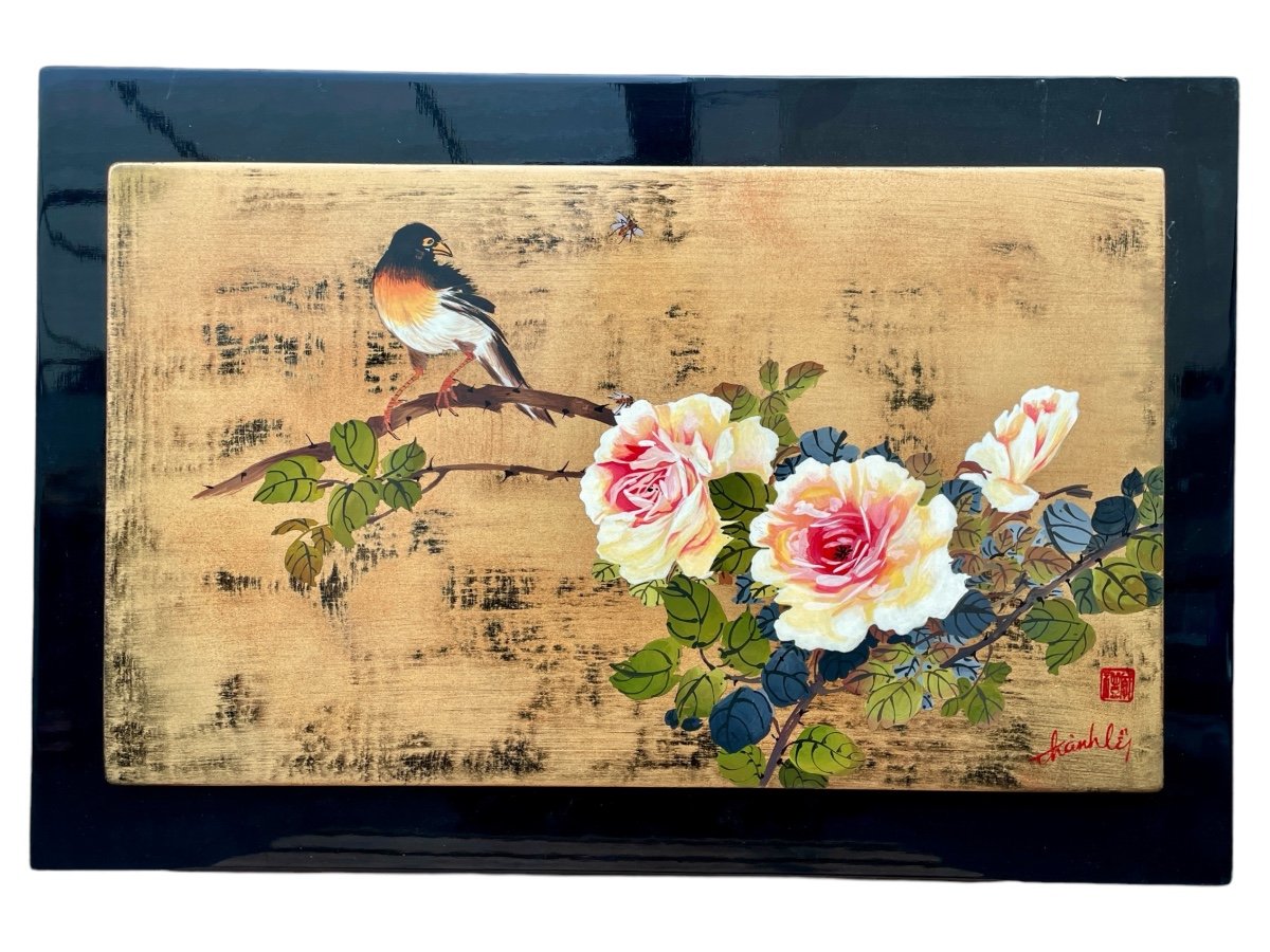 Thanh Ley 款 三鱼漆屏, Bird On A Flowering Rose Bush, Lacquer On Panel. -photo-1