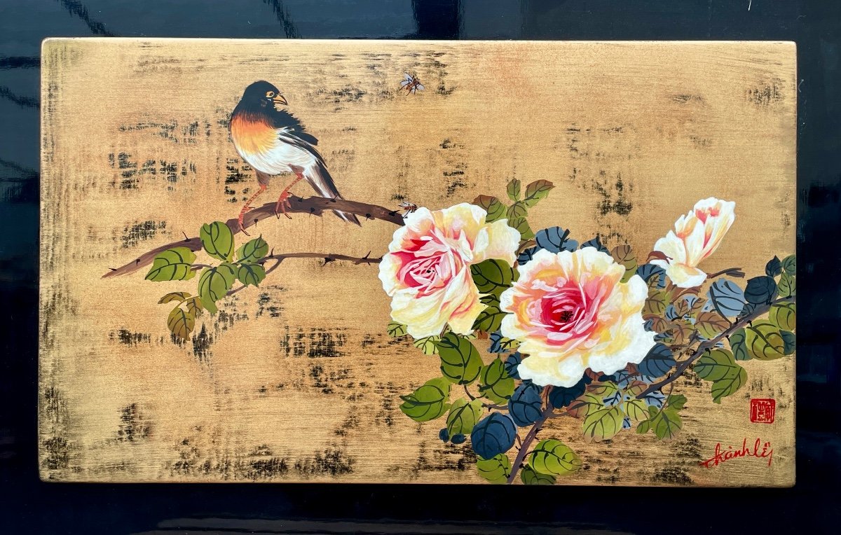 Thanh Ley 款 三鱼漆屏, Bird On A Flowering Rose Bush, Lacquer On Panel. 