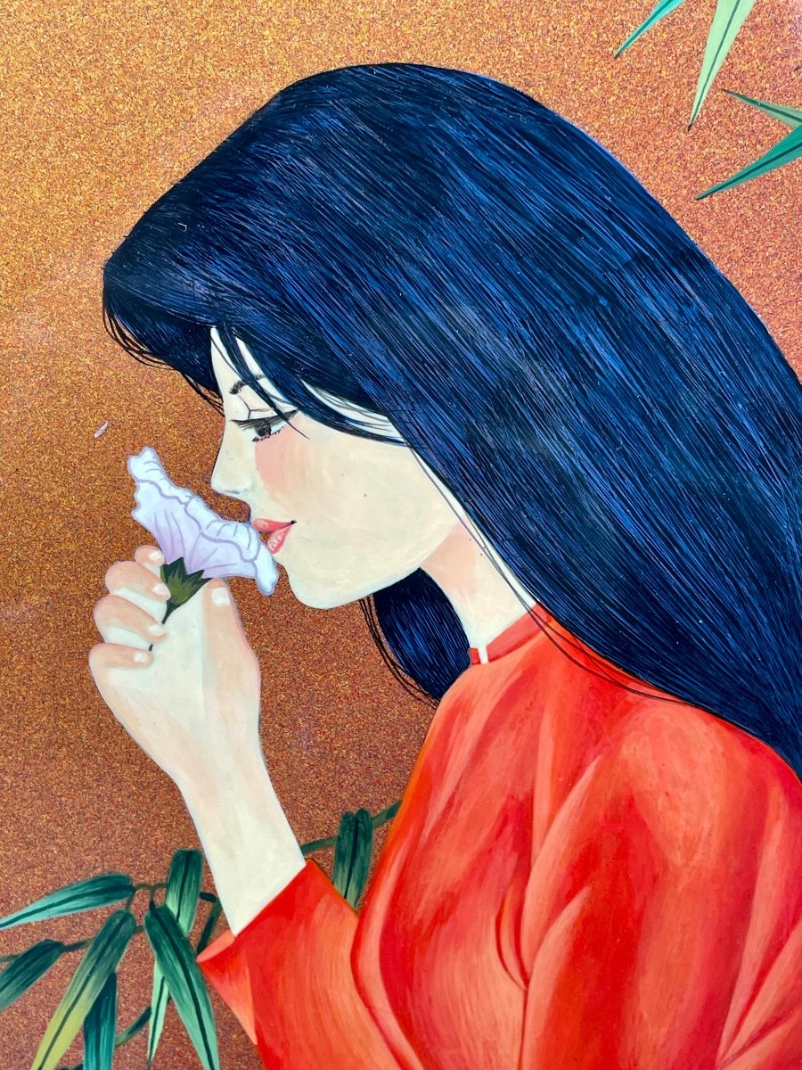 Thanh Ley 款 三鱼漆屏, Young Woman Smelling The Fragrance Of A Flower, Lacquer On Panel. -photo-2