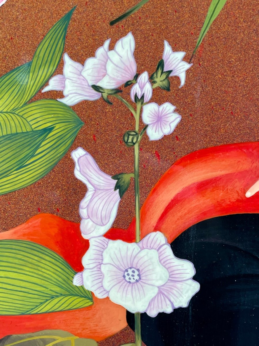 Thanh Ley 款 三鱼漆屏, Young Woman Smelling The Fragrance Of A Flower, Lacquer On Panel. -photo-4