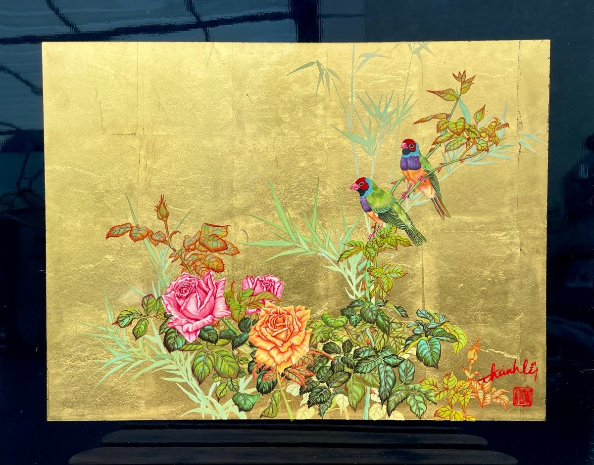 Thanh Ley 款 三鱼漆屏, Birds Perched On A Flowering Rose Bush, Lacquer On Panel. 