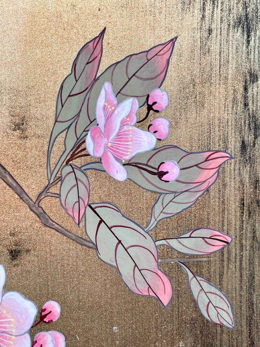 Thanh Ley 款 三鱼漆屏, Bird On A Cherry Blossom Tree, Lacquer On Panel.  -photo-4