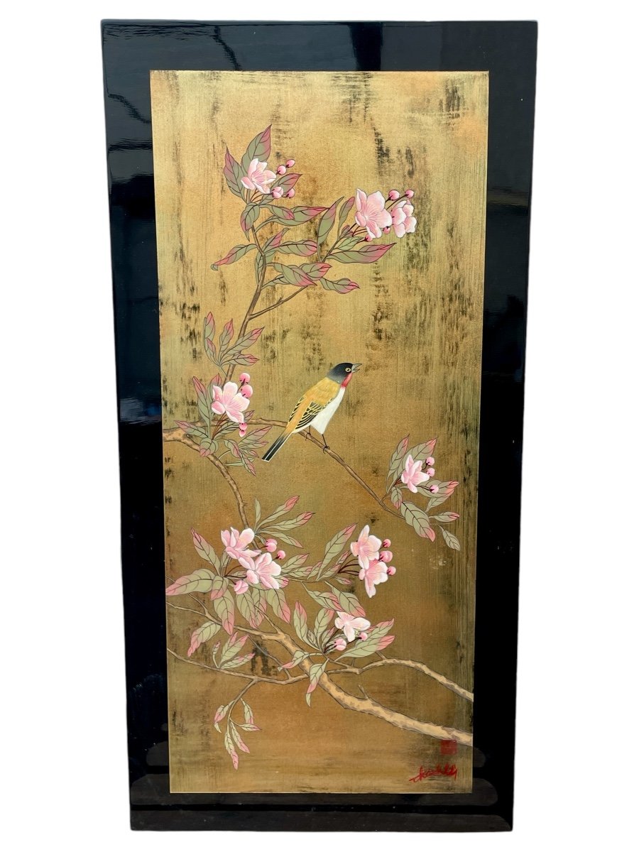 Thanh Ley 款 三鱼漆屏, Bird On A Cherry Blossom Tree, Lacquer On Panel.  -photo-3