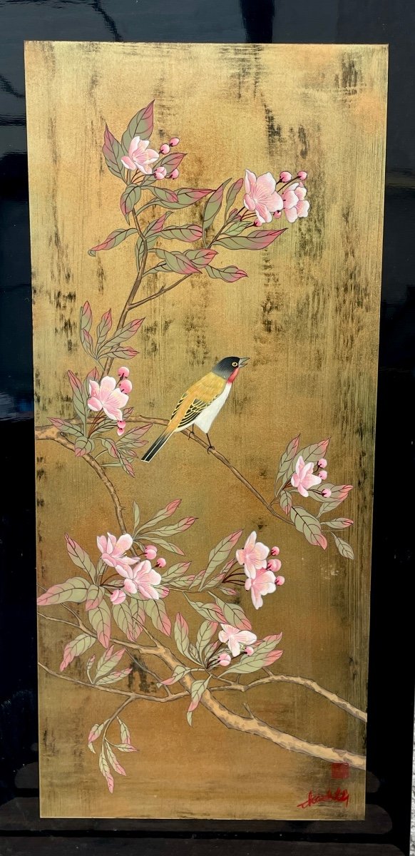 Thanh Ley 款 三鱼漆屏, Bird On A Cherry Blossom Tree, Lacquer On Panel.  