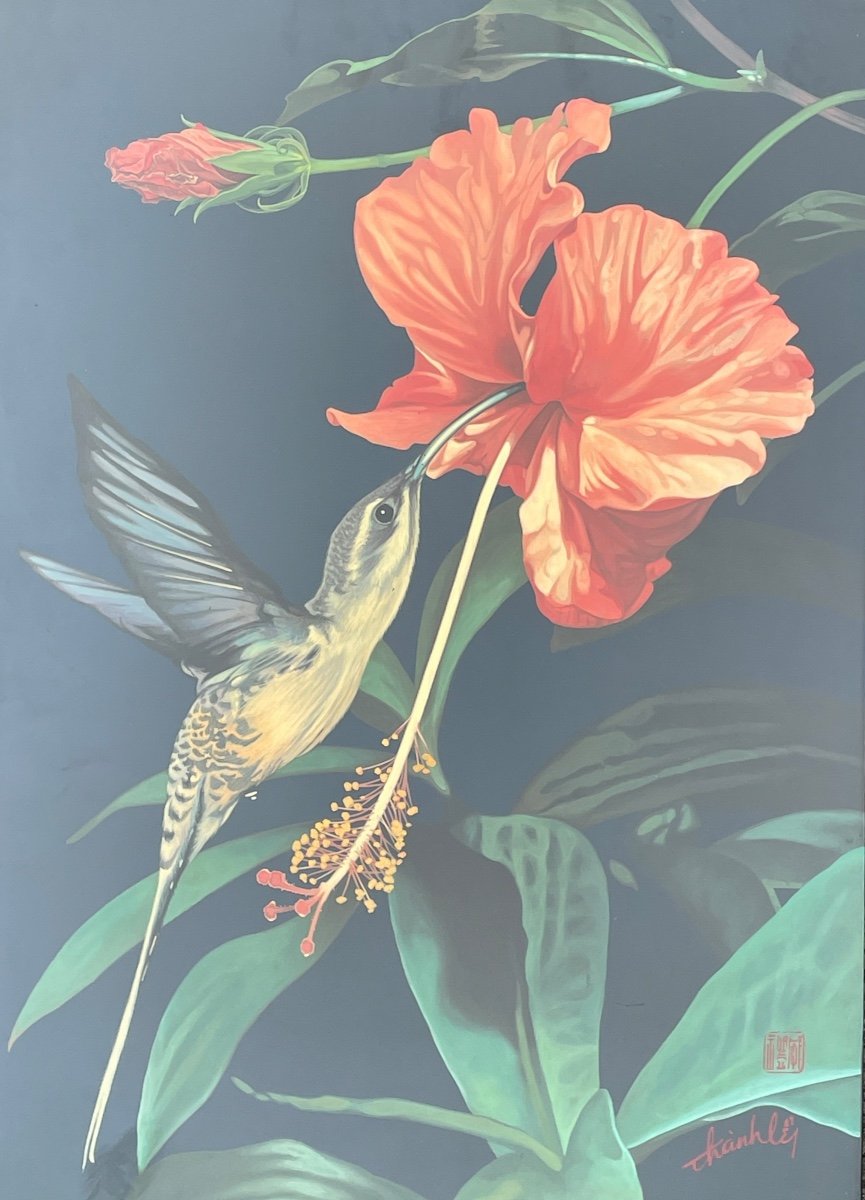 Than Ley 款 三鱼漆屏, Le Colibri, Laque Sur Panneau. -photo-3