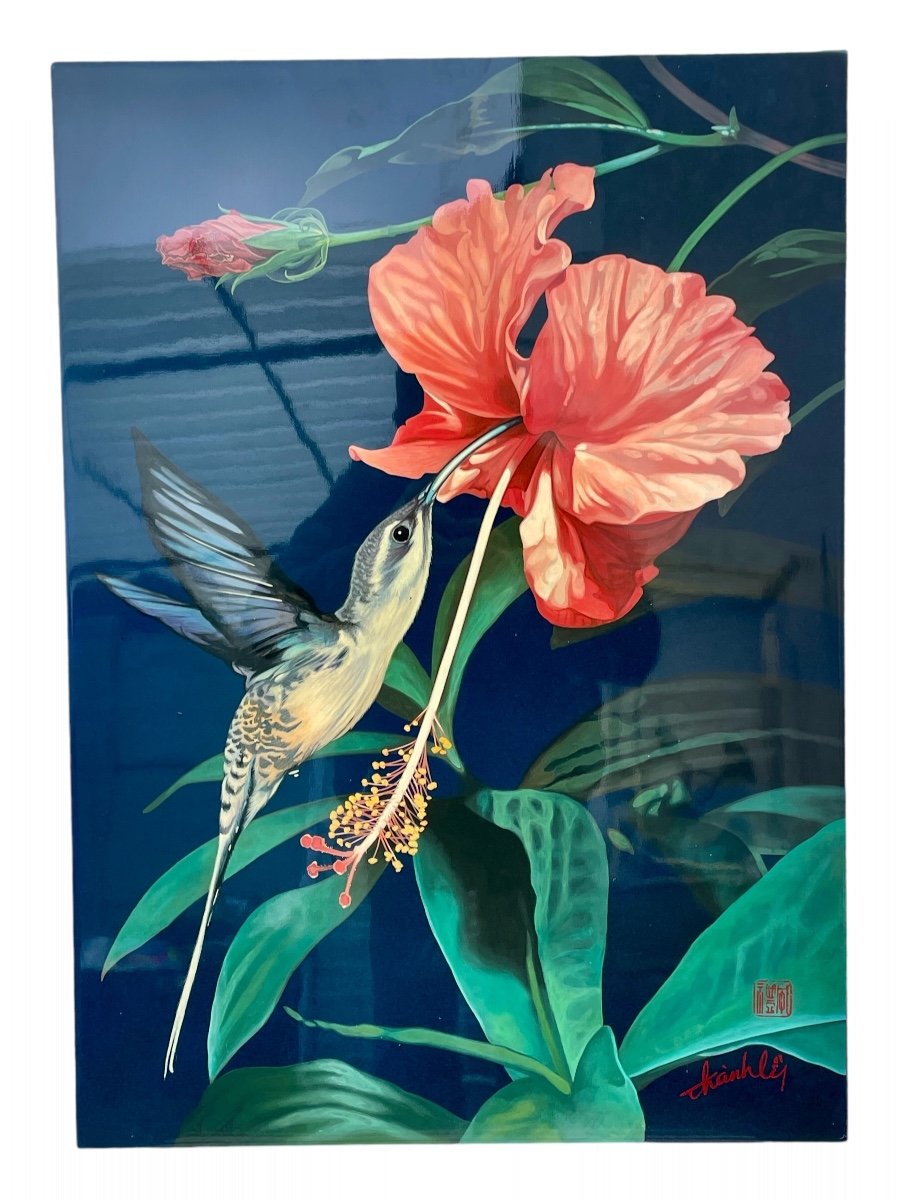 Than Ley 款 三鱼漆屏, Le Colibri, Laque Sur Panneau. -photo-4