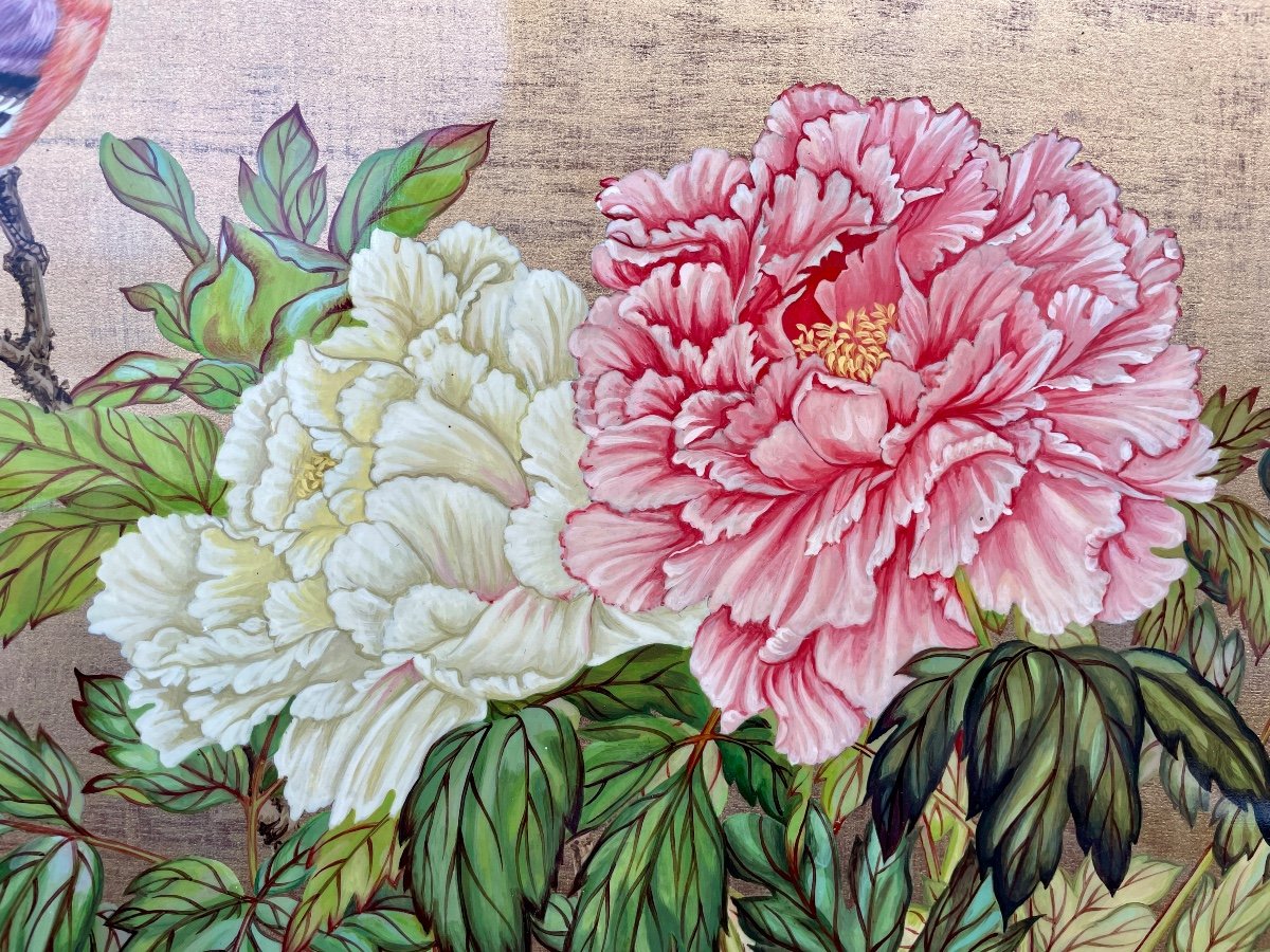 Thanh Ley 款三鱼漆屏, Trendy Birds And Peonies, Lacquer On Panel. -photo-3