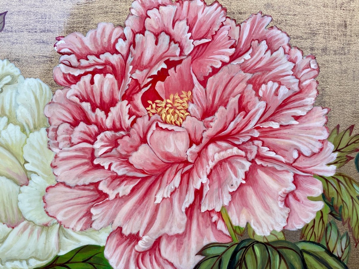 Thanh Ley 款三鱼漆屏, Trendy Birds And Peonies, Lacquer On Panel. -photo-4