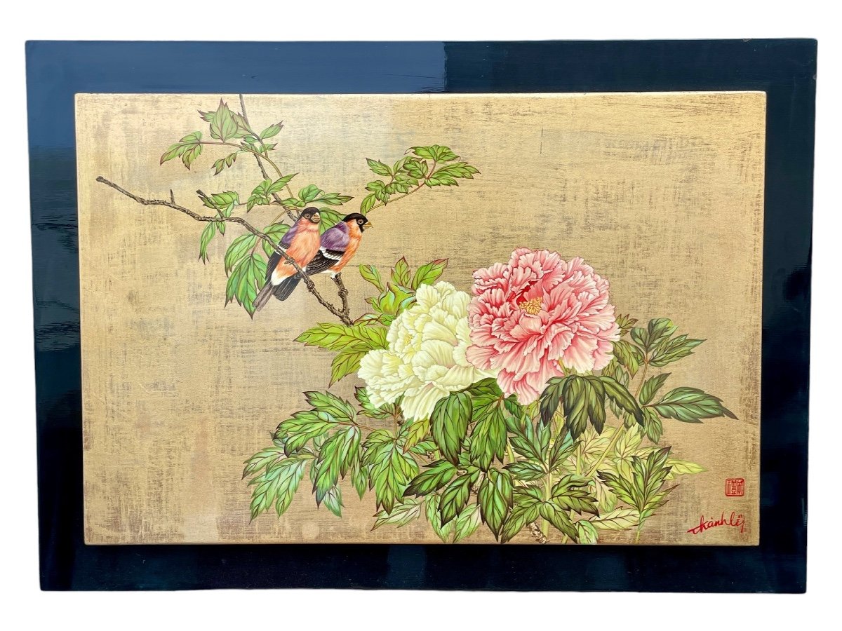 Thanh Ley 款三鱼漆屏, Trendy Birds And Peonies, Lacquer On Panel. -photo-4